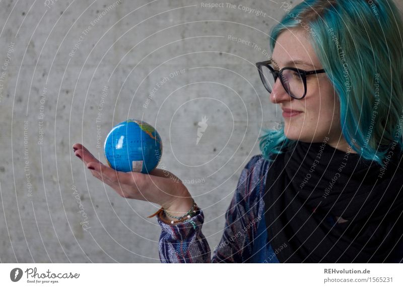 in your hand ... Human being Feminine Young woman Youth (Young adults) 1 18 - 30 years Adults Eyeglasses Hair and hairstyles Long-haired Sphere Globe Looking
