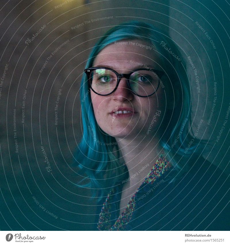 "What's up, my nerds?" Human being Young woman Youth (Young adults) 1 18 - 30 years Adults Stand blue hair Eyeglasses Nerdy Concrete Town Reflection Exceptional