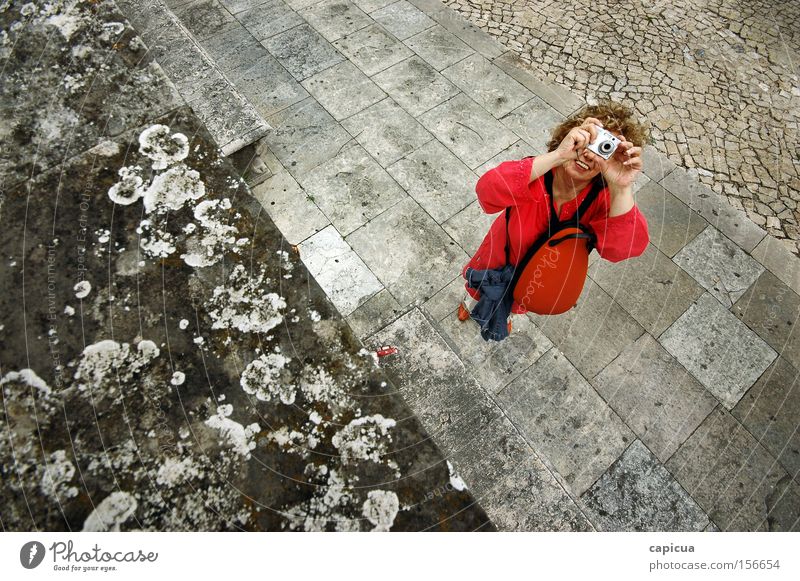 The Red Photographer Photography Wide Gray Stone Tile Woman Leisure and hobbies viewfinder Smiling Happy