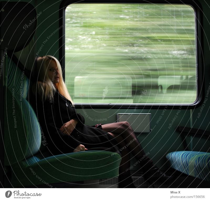 nabbed Vacation & Travel Woman Adults Window Transport Train travel Railroad Commuter trains Train compartment Dress Blonde Observe Driving Dream Wait Cry