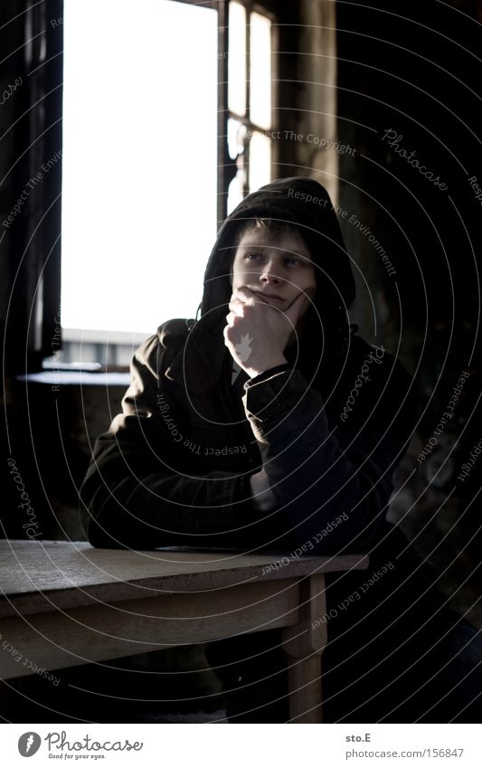 thinker Human being Window Glass Window pane Slice Derelict Shabby Table Think Portrait photograph Thought Eerie Man Concentrate Loneliness Meditative