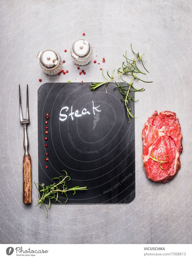 Background with table, steak and meat fork Food Meat Herbs and spices Nutrition Lunch Dinner Banquet Organic produce Fork Style Design Kitchen Restaurant