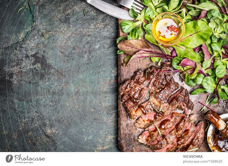Grilled steak with green salad Food Meat Vegetable Lettuce Salad Herbs and spices Cooking oil Nutrition Lunch Dinner Buffet Brunch Business lunch Picnic