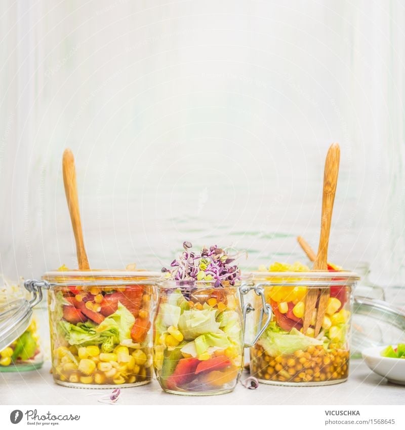 Salads in jars with vegetables, lentils, corn and sprouts Food Vegetable Lettuce Grain Nutrition Lunch Buffet Brunch Picnic Organic produce Vegetarian diet Diet
