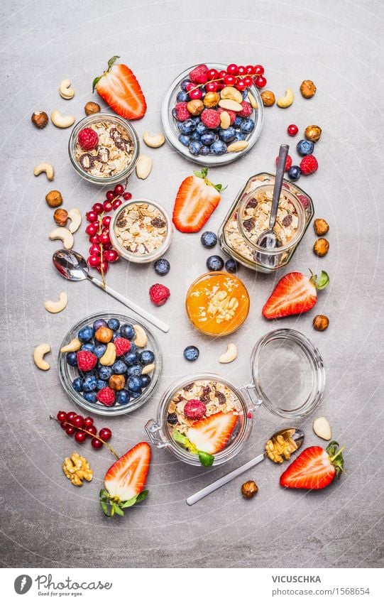 Muesli in a jar, fresh berries, seeds and nuts Food Fruit Grain Nutrition Breakfast Organic produce Vegetarian diet Diet Glass Spoon Design Healthy Eating Life