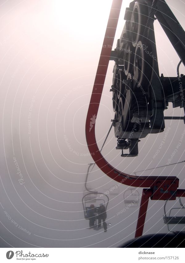 ...give me a lift! Chair lift Technology Clouds Human being Machinery Austrian Alps Mountain Ski resort Hanger Back-light Fog Winter Coil two-seater