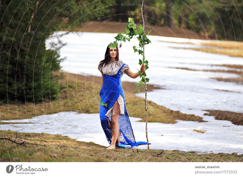 Young woman in spring countryside scenery Lifestyle Joy Happy Beautiful Face Wellness Snow Human being Young man Youth (Young adults) Woman Adults 1