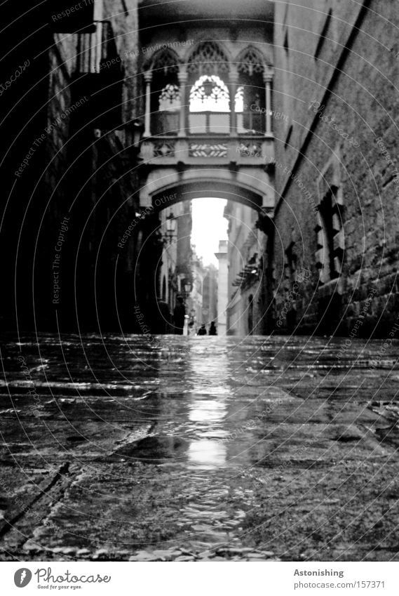 Dark lane Alley Barcelona Spain Black & white photo Contrast Wet Town Gray Stone Street Old town Gate Traffic infrastructure