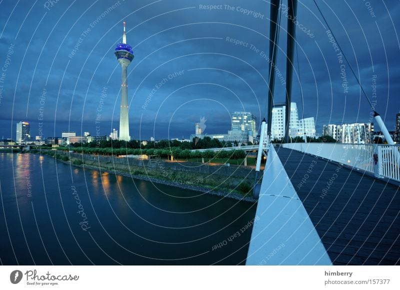 blue credit monday Moody Atmosphere Duesseldorf Town Night Night life River Bridge Lighting Reflection Television tower Tower Architecture Landmark Monument