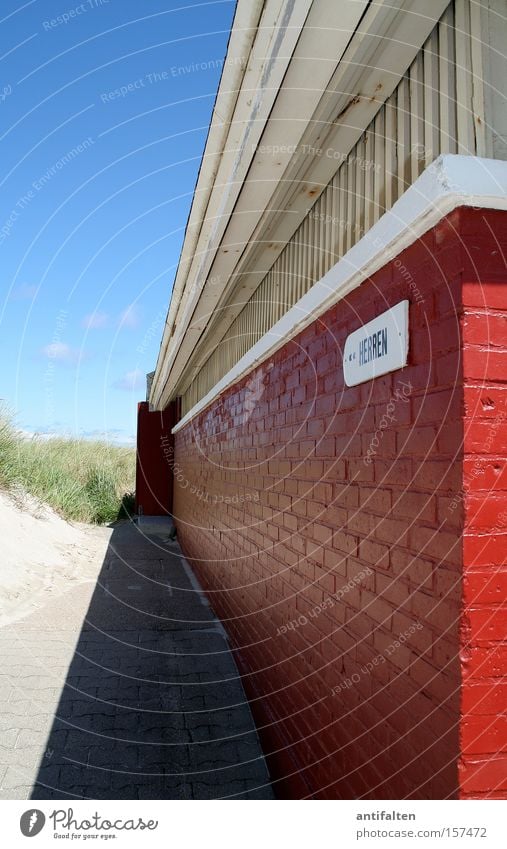 Dune WC Norderney Sand Sky Blue Toilet Gentleman Shadow Summer Red White Wall (barrier) Entrance Coast Obscure