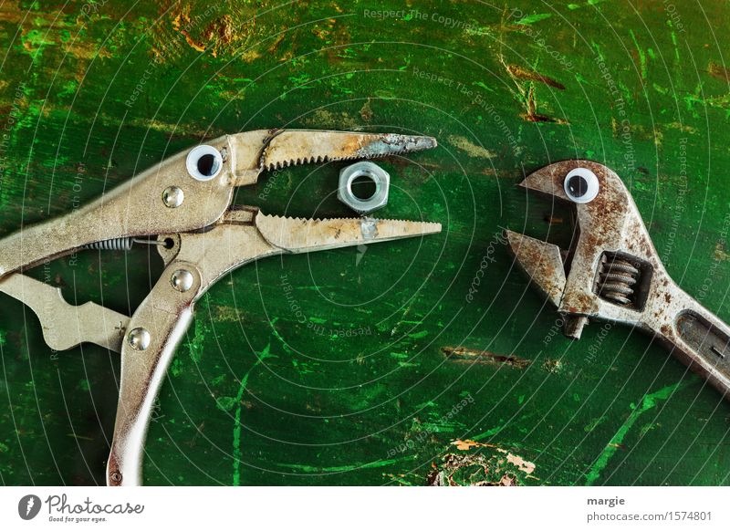 Give me some! Pliers and a wrench with eyes on an old green table. With a nut in the beak of the pliers Nutrition Eating Work and employment Craftsperson