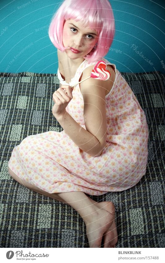 lollipop #2 Wig Pink Night dress Blanket Barefoot Lollipop Looking Feminine Young woman Sweet Sugar Candy Bedroom Carnival