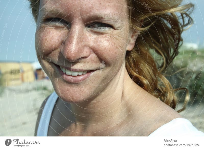 vacation Joy Beautiful Life Summer vacation Sunbathing Young woman Youth (Young adults) Face Freckles 18 - 30 years Adults Beautiful weather Beach Blonde