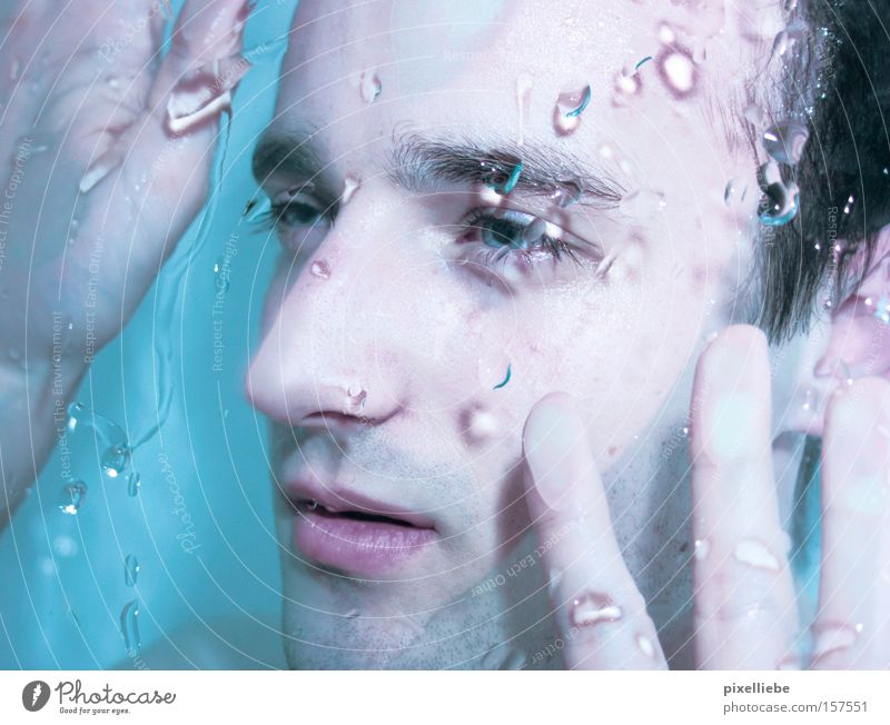 Rain of emotions II Beautiful Personal hygiene Skin Winter Bathroom Man Adults Eyes Lips Hand Water Drops of water Touch Looking Swimming & Bathing Dream