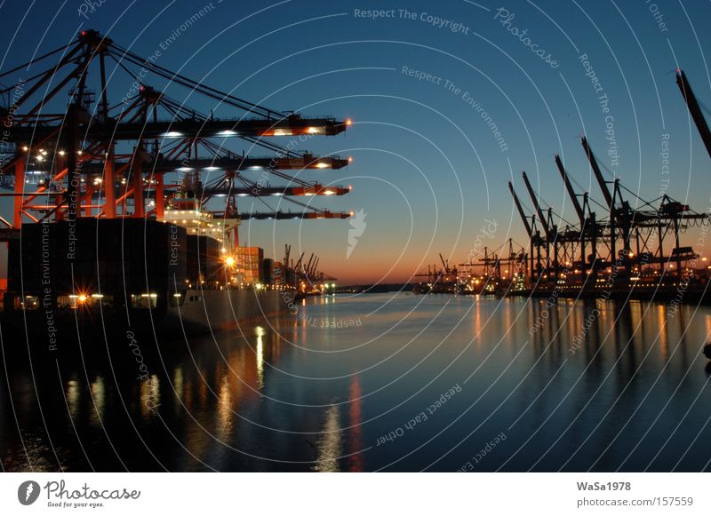 Port of Hamburg Harbour Watercraft Logistics Container Sunset Cargo-ship Crane Economic crisis