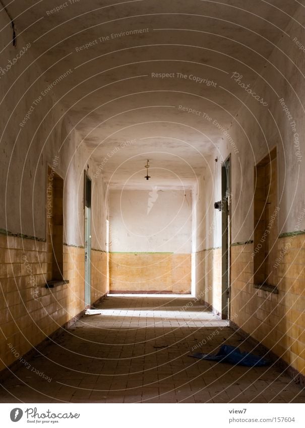 hallway Hallway Corridor Light Planning Tile Plaster Door Doorframe Old Loneliness Going Forget Light (Natural Phenomenon) Military building Room Location