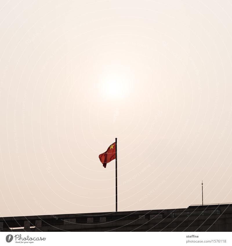 Sun, moon and stars, without moon China Gloomy Flag chinese flag Smog Shanghai Colour photo Exterior shot Deserted Copy Space left Copy Space right
