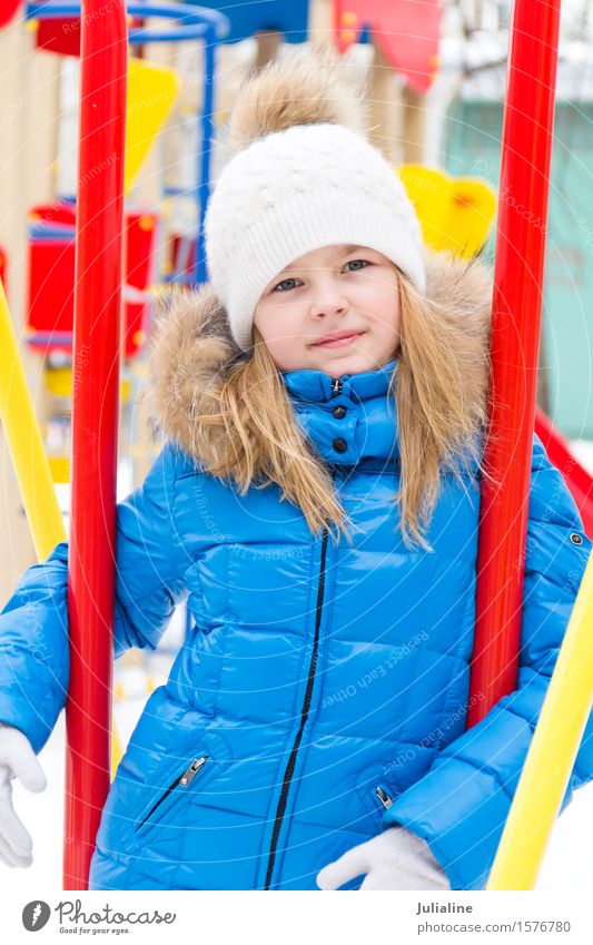 Cute girl with blue eyes in white hat Winter Child Girl Infancy 8 - 13 years Autumn Hat Blonde White kid five six 7 eight preschooler fall Caucasian European