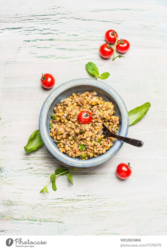 Healthy lentil salad with tomatoes Food Grain Herbs and spices Nutrition Lunch Dinner Banquet Picnic Organic produce Vegetarian diet Diet Bowl Spoon Style