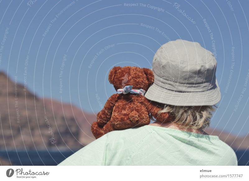 Teddy Per on vacation (17) Vacation & Travel Far-off places Freedom Woman Adults Head Cloudless sky Coast Rock Teddy bear Cuddly toy Hat Weather protection