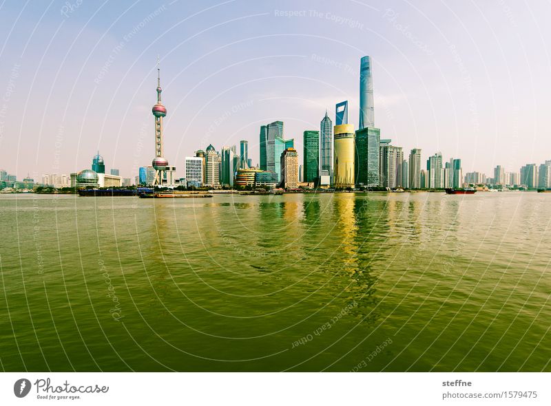 at the yellow river Sky Spring Beautiful weather River bank Town Skyline High-rise Shanghai China Pu Dong Reflection Future Overpopulated Jin-Mao Buildings