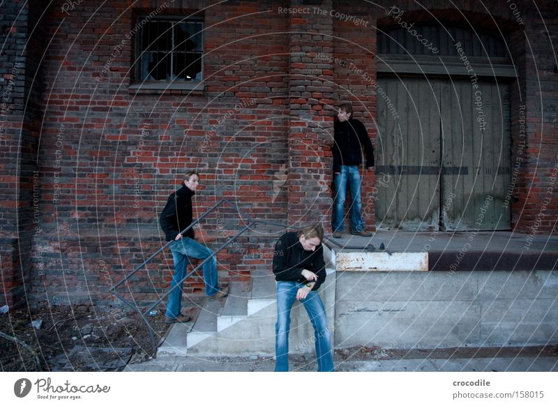 Where's he now? Train station Warehouse Self portrait Hide Scare Wait Loneliness Boredom Door Jeans Denim Man Going Stairs Dangerous Image editing