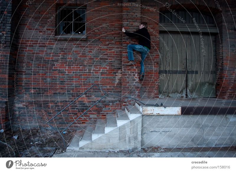 industrial climber Train station Warehouse Self portrait Climbing To hold on Loneliness Boredom Door Jeans Denim Man Going Stairs Column Power Force