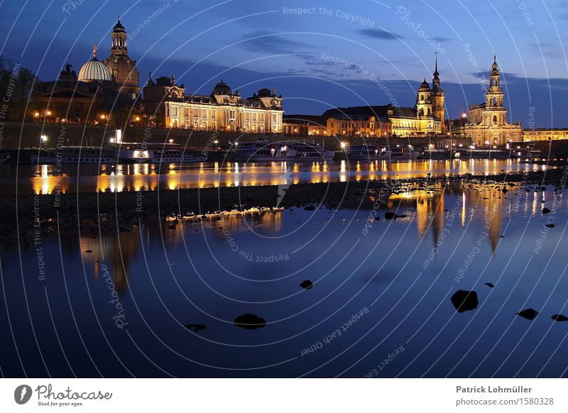 Blue hour in Dresden Tourism Sightseeing City trip Environment Landscape Water Sky Clouds Night sky River bank Elbufer Saxony Germany Europe Capital city