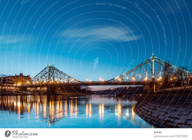 Blue miracle Sky Beautiful weather River Elbe Dresden Bridge Architecture Old Historic Attachment Blaues Wunder Loschwitzer Bridge Colour photo Multicoloured