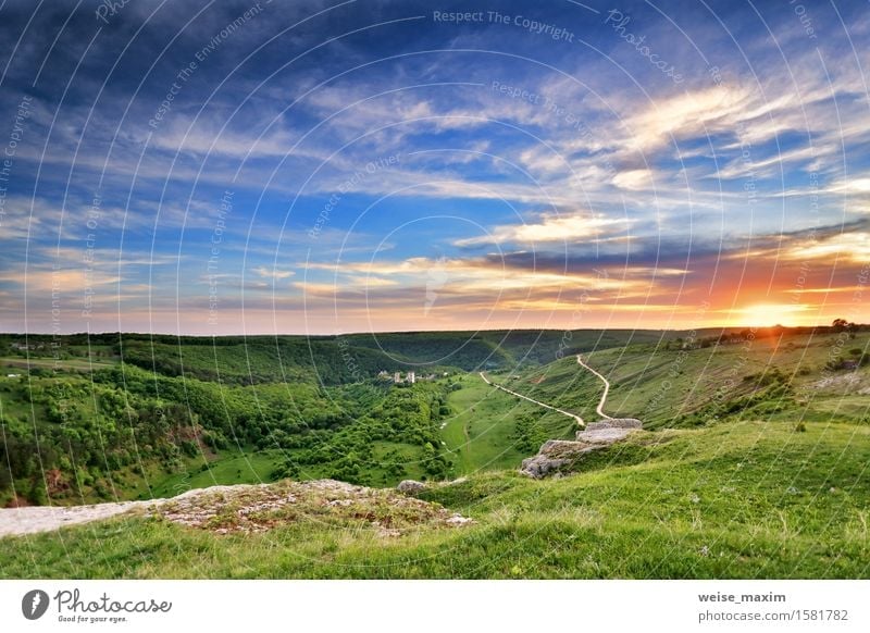 Ruins of old castle in the middle of the forest hills Summer Nature Landscape Sky Clouds Horizon Sunrise Sunset Spring Beautiful weather Grass Forest Hill Rock