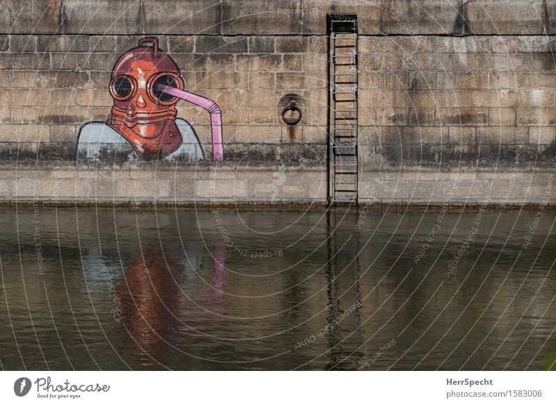 Thirsty diver Work of art River bank Danube Vienna Danube Canal Capital city Downtown Stone Water Brown Orange Ladder Diver Straw Water reflection Water level