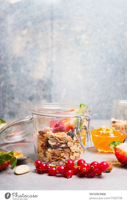 Healthy breakfast with muesli and berries in a glass Food Fruit Grain Dessert Nutrition Breakfast Organic produce Vegetarian diet Diet Glass Lifestyle