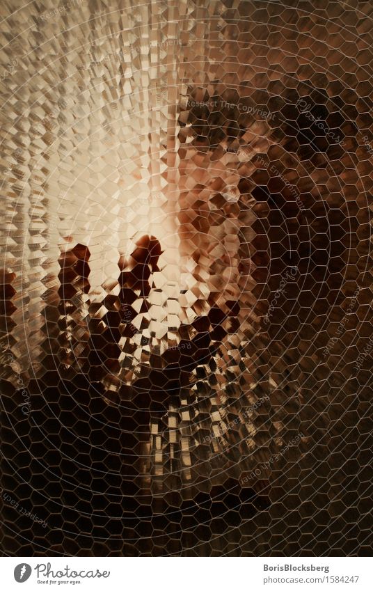 Honeycomb2 Human being Head Hand 1 Observe Touch Yellow Gold Dream Sadness Concern Colour photo Interior shot Studio shot Close-up Detail Experimental Pattern