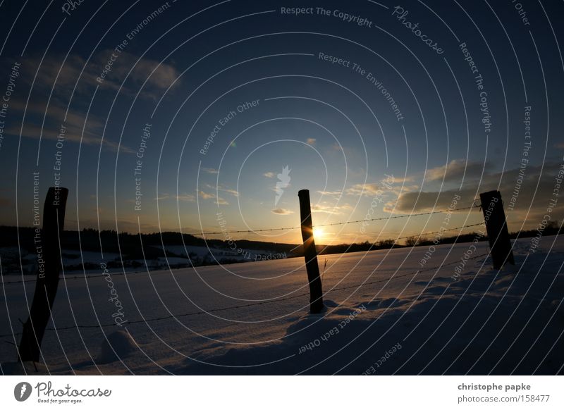 snowy landscape Colour photo Exterior shot Deserted Dawn Evening Twilight Back-light Central perspective Wide angle Sun Winter Snow Nature Landscape Sky Sunrise