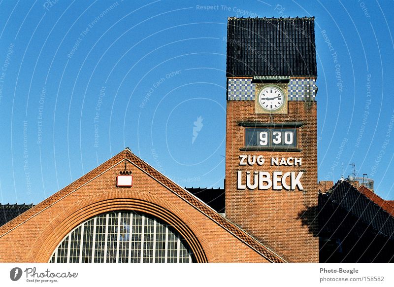 Train to Lübeck TRavemünde Train station Railroad Tower Clock Tower clock Clock tower Vacation & Travel Transport Lübeck-Travemünde beach station holstentor