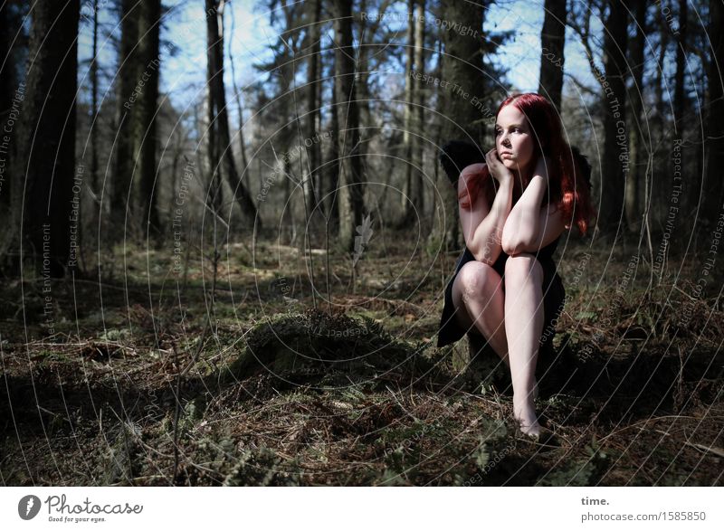 Nika Feminine 1 Human being Environment Nature Landscape Beautiful weather Tree Forest Dress Red-haired Long-haired Observe Think Looking Sit Dream Wait pretty
