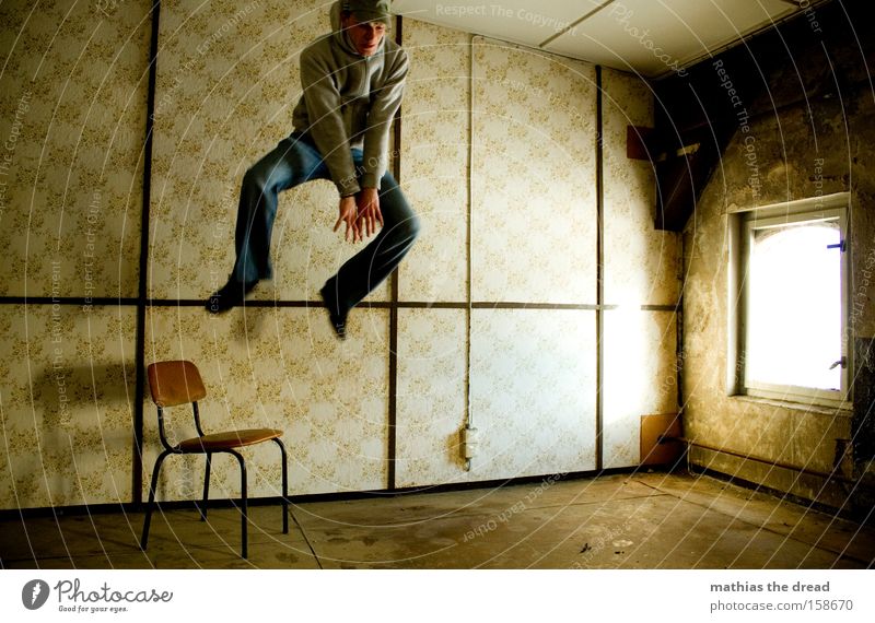 Bunny hop Man Jump Action Sportsperson Tall Dangerous Attack Flying Fighter Room Window Sunlight Chair Wallpaper Line Whimsical Derelict Extreme sports Threat