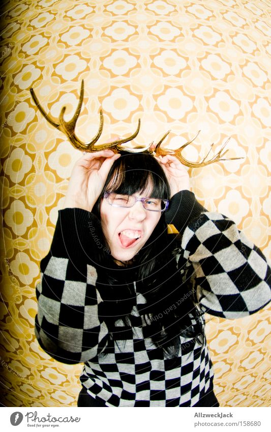 allow: Helga Deer Antlers Joy Wallpaper Grimace Good mood Wild animal Red deer Exuberance Woman Portrait photograph Animal Pipe Christmas & Advent Mammal