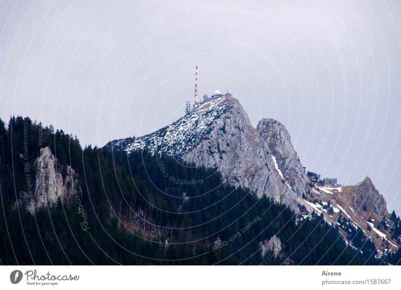 Lonely tip Telecommunications Weather station Broacaster Telegraph pole Landscape Rock Alps Peak Snowcapped peak Observe Communicate Dark Tall Point Blue