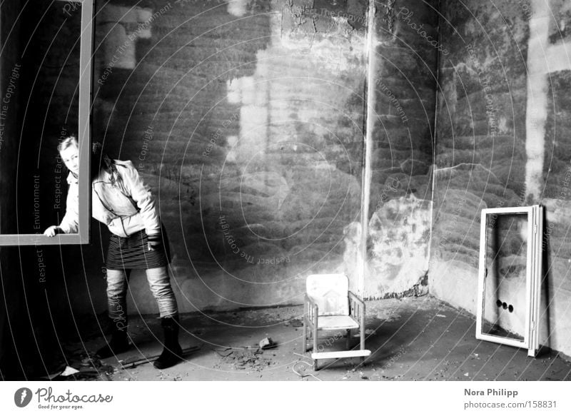 Painting in Black - White Black & white photo Painting and drawing (object) Window Chair Factory Old Whimsical Woman Broken Image Wall (building) Bleached