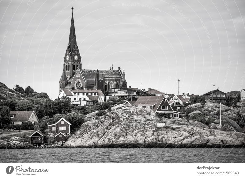 Church with town on archipelago island in Sweden Panorama (View) Deep depth of field Reflection Contrast Light Day Copy Space right Copy Space top