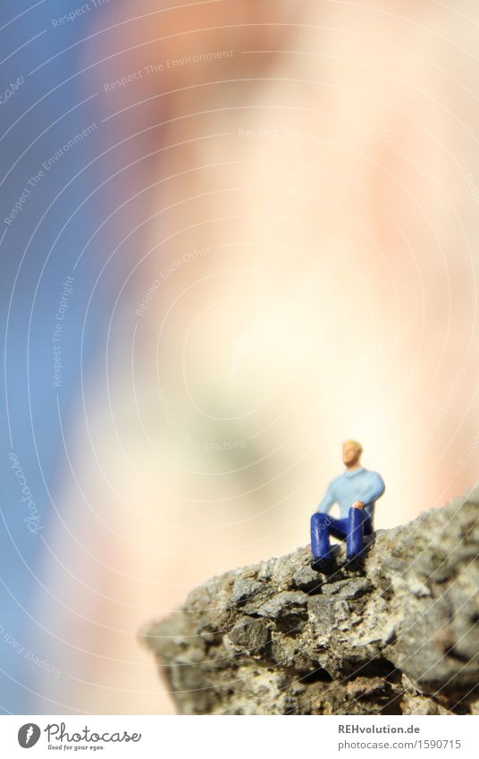Beautiful view Human being Masculine Man Adults 1 30 - 45 years Stone Observe Looking Sit Small Adventure Relaxation Uniqueness Creativity Miniature Figure