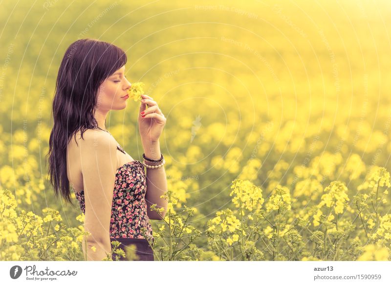 Beautiful young happy woman in the sun smells of yellow flower. Attractive girl sniffing flowers on a meadow up to the horizon in the sunshine in spring or summer. Photo of a series.