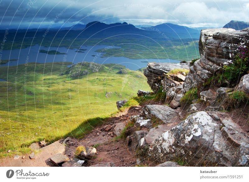 Cloudy to cheerful Landscape Beautiful weather Bad weather Meadow Mountain Peak Lake Scotland Highlands Rock Threat Dark Gigantic Infinity Juicy Gloomy Green