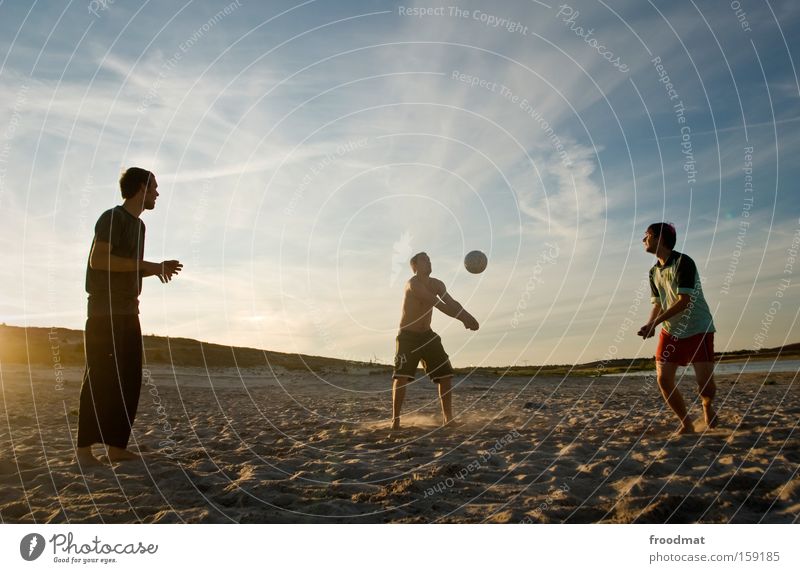 defence Silhouette Sand Ball Sun Back-light Youth (Young adults) Cool (slang) Warmth Athletic Playing Sunset Volleyball (sport) Jump Man Barefoot Tension Sports