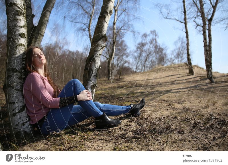 . Feminine 1 Human being Landscape Sand Beautiful weather Tree Birch tree Birch wood Forest T-shirt Jeans Brunette Long-haired Sit Natural Contentment