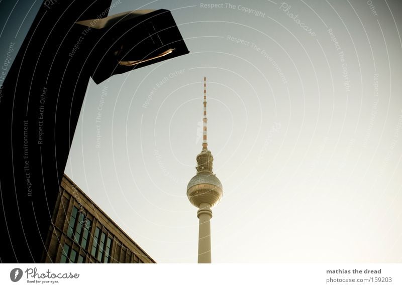 nice weekend Lantern Cable Steel cable Nerviness Tense Tram Berlin TV Tower Television tower Alexanderplatz Sphere Town Blue Beautiful Idyll Sky Silhouette