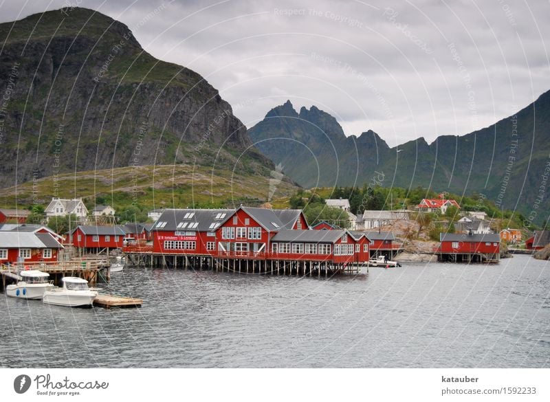 a town called A Landscape Clouds Bad weather Hill Mountain Coast Fjord Norway Europe Fishing village Deserted Hut Tourist Attraction Famousness Cute Gloomy Red