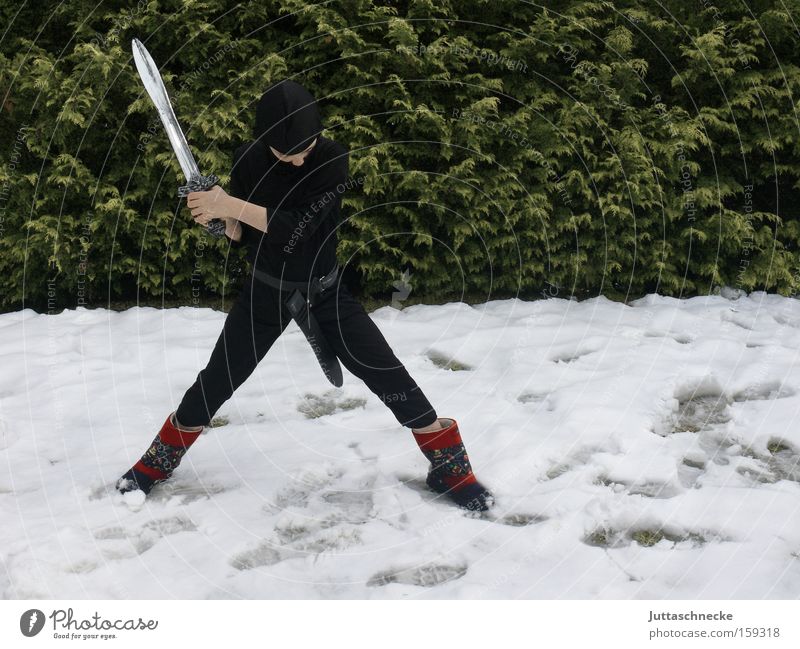 Down with winter Boy (child) Child Ninja Carnival costume Fight Martial arts Snow Sword Conquer Winter Disguised Exterior shot Youth (Young adults)