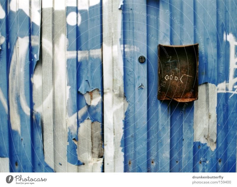 no post today Mailbox Iron Rust Broken Garage Old Past Flake off Blue Brown Gray Derelict Gate Metal Colour Castle
